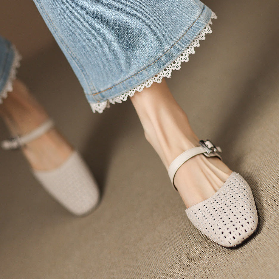 Alabaster Genuine Leather Woven-Vamp Slingback