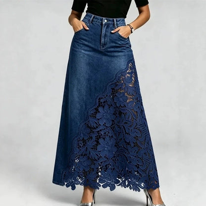 Adaline Lace-Hem Denim Maxi