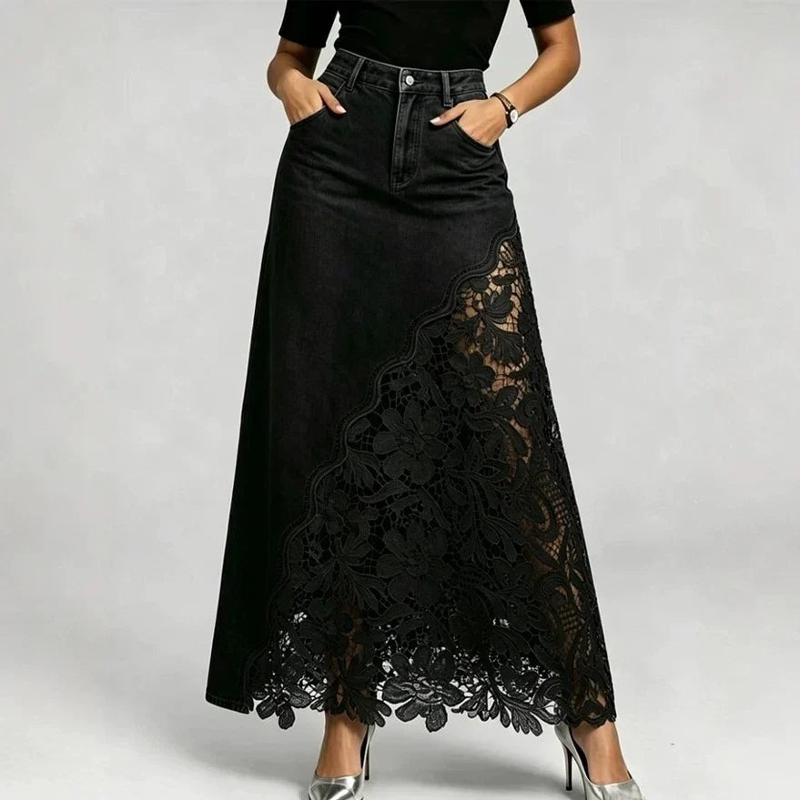 Adaline Lace-Hem Denim Maxi