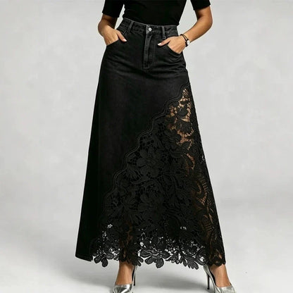 Adaline Lace-Hem Denim Maxi