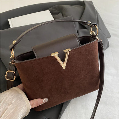 V-Emblem Structured Leather Satchel