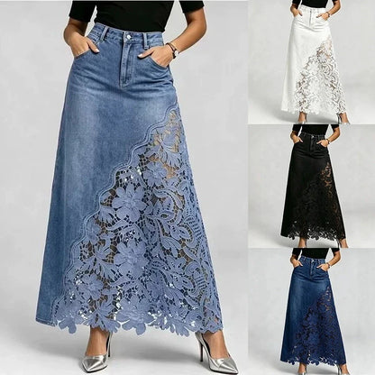 Adaline Lace-Hem Denim Maxi