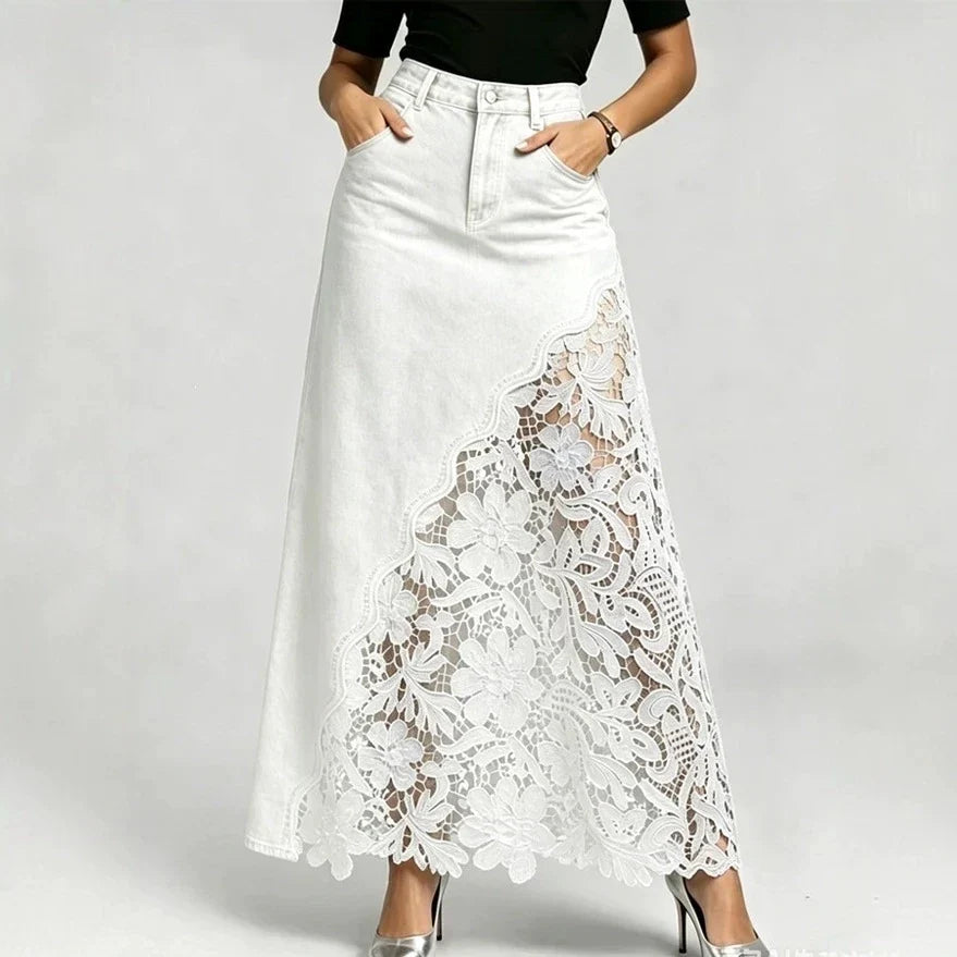 Adaline Lace-Hem Denim Maxi
