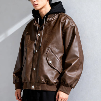 Layered Hooded Leather Flight Jacket