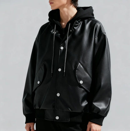 Layered Hooded Leather Flight Jacket