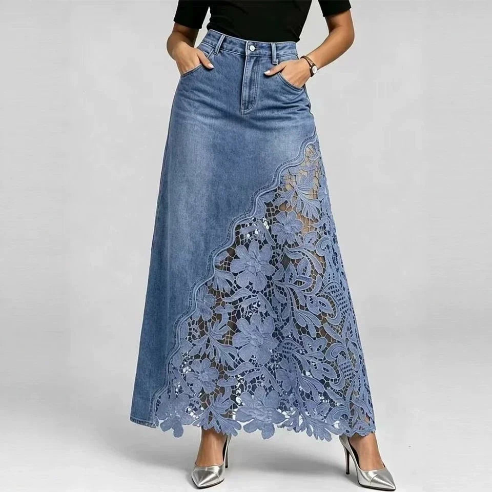 Adaline Lace-Hem Denim Maxi