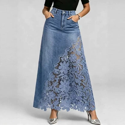 Adaline Lace-Hem Denim Maxi