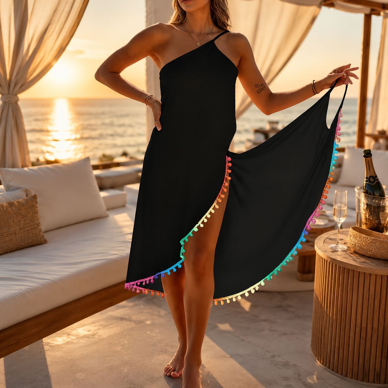 Noir Spectrum Pom Sarong Dress