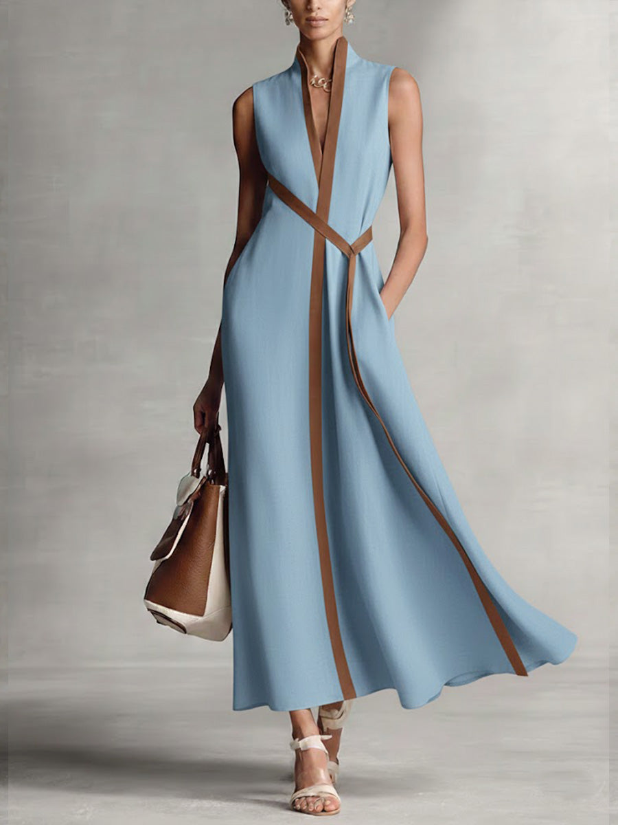 Meridian Contrast-Trim Linen Maxi Gown