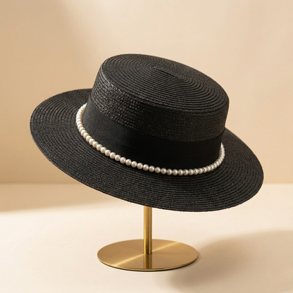 Pearl-Band Woven Boater Hat
