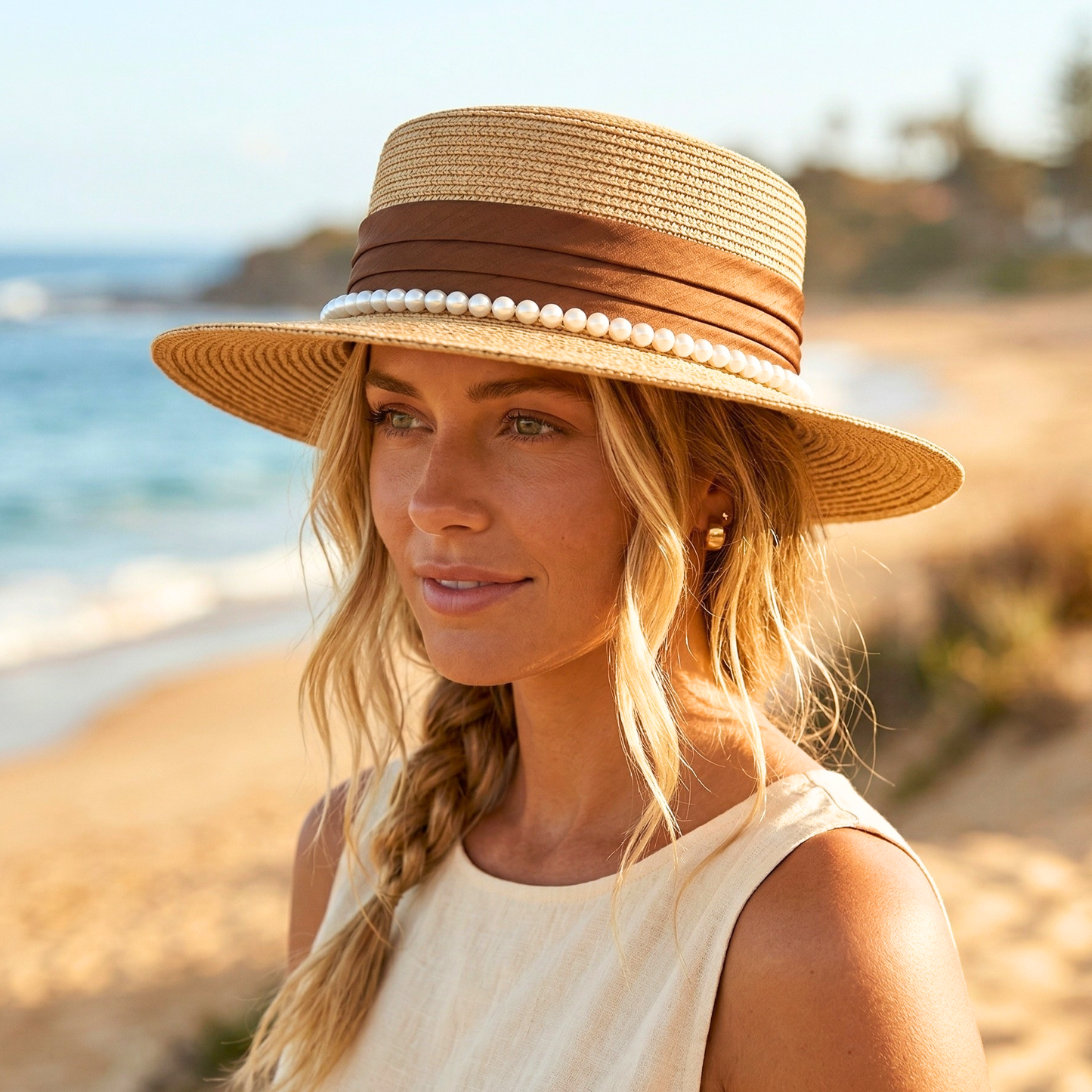 Pearl-Band Woven Boater Hat
