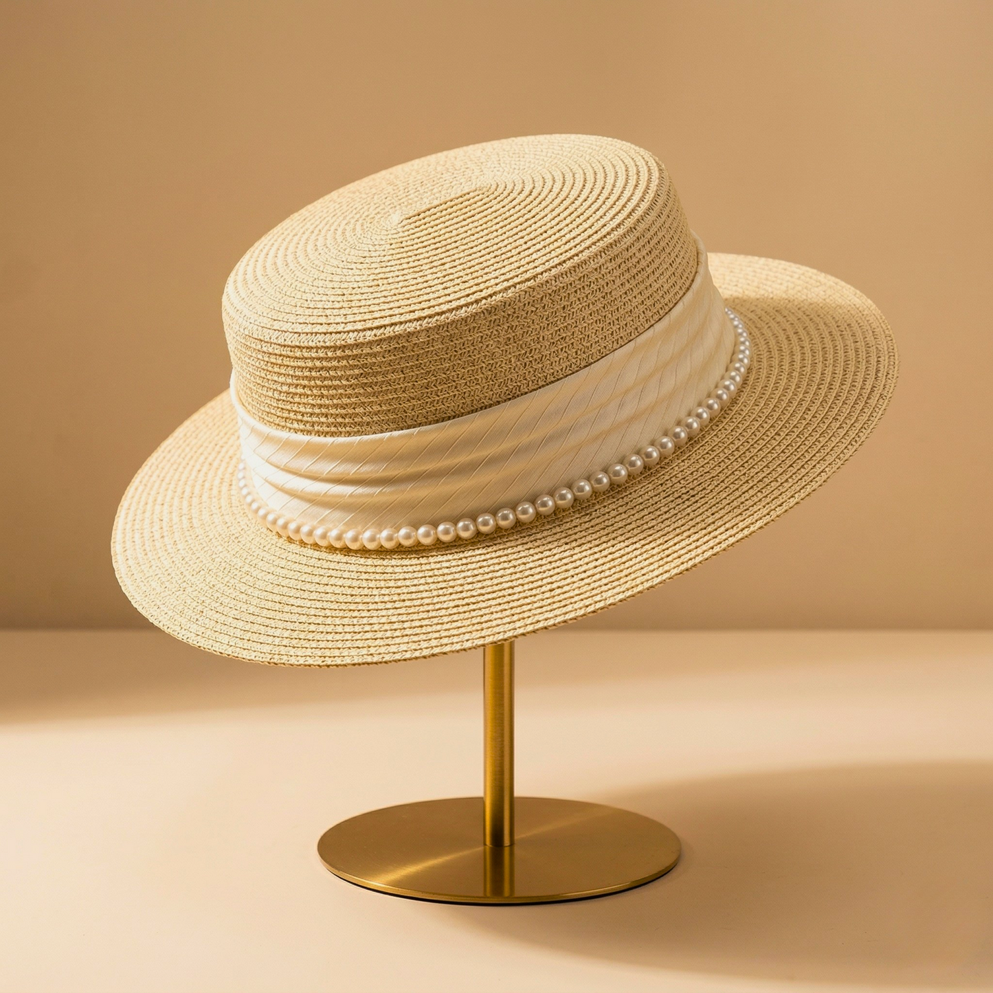 Pearl-Band Woven Boater Hat