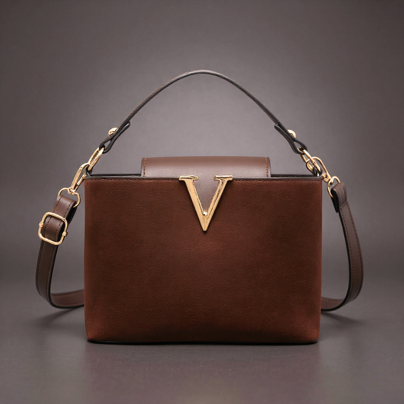 V-Emblem Structured Leather Satchel