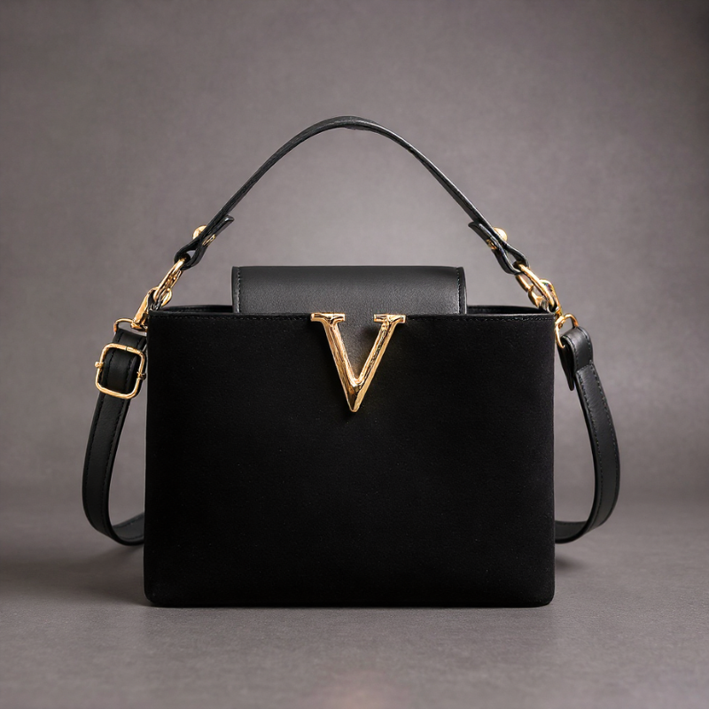 V-Emblem Structured Leather Satchel