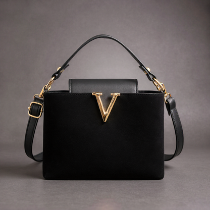 V-Emblem Structured Leather Satchel