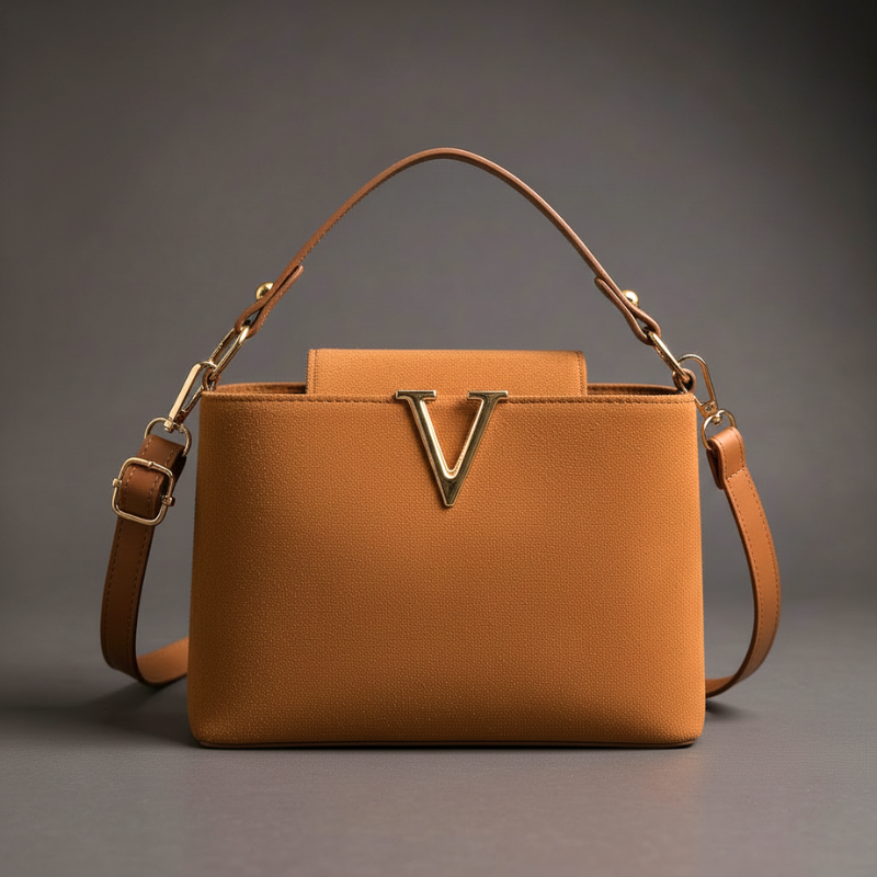 V-Emblem Structured Leather Satchel
