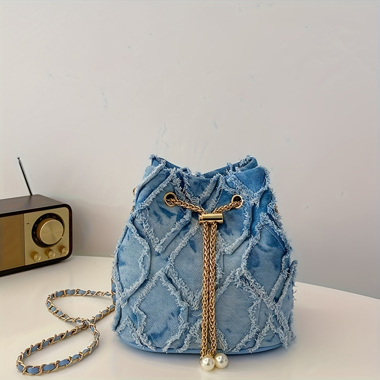 Distressed Quilted Denim Bucket Bag
