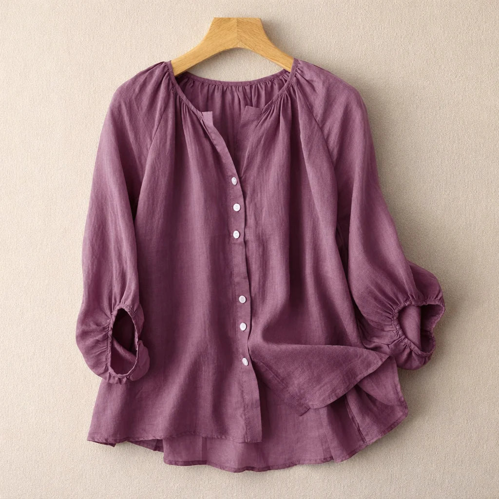 Douce Gathered-Neck Linen Button Blouse