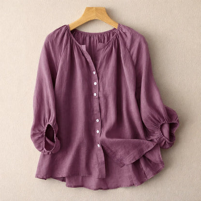Douce Gathered-Neck Linen Button Blouse