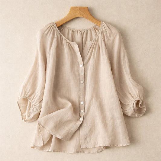 Douce Gathered-Neck Linen Button Blouse