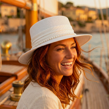 Pearl-Band Woven Boater Hat