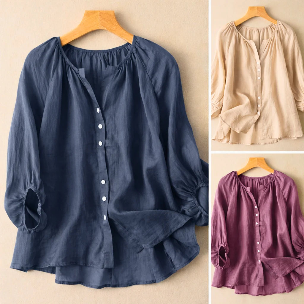 Douce Gathered-Neck Linen Button Blouse