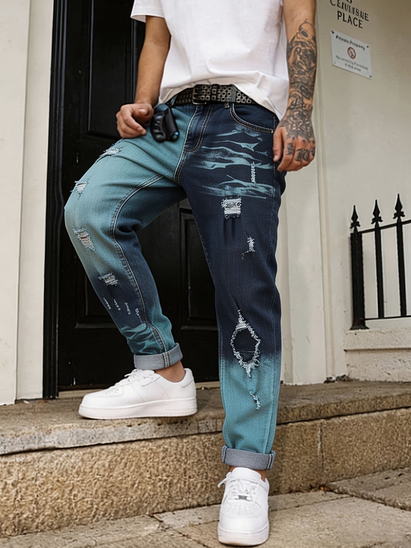 Shadow-Burn Two-Tone Ripped Denim