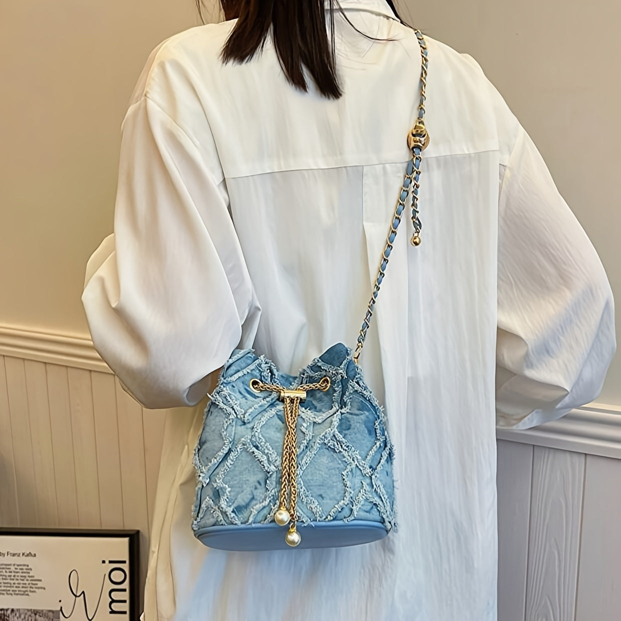 Distressed Quilted Denim Bucket Bag