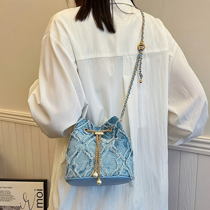 Distressed Quilted Denim Bucket Bag