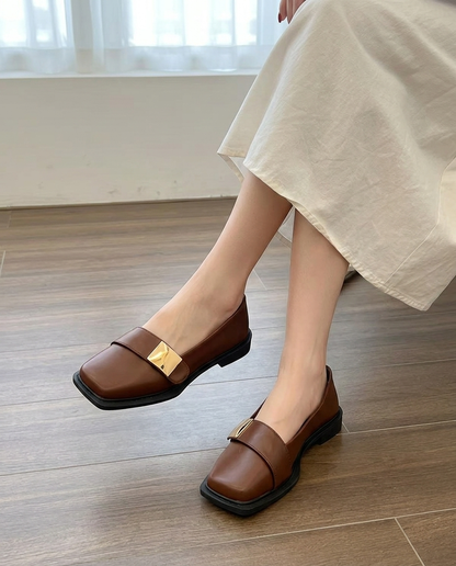 Aurelia Gold-Buckle Leather Loafer