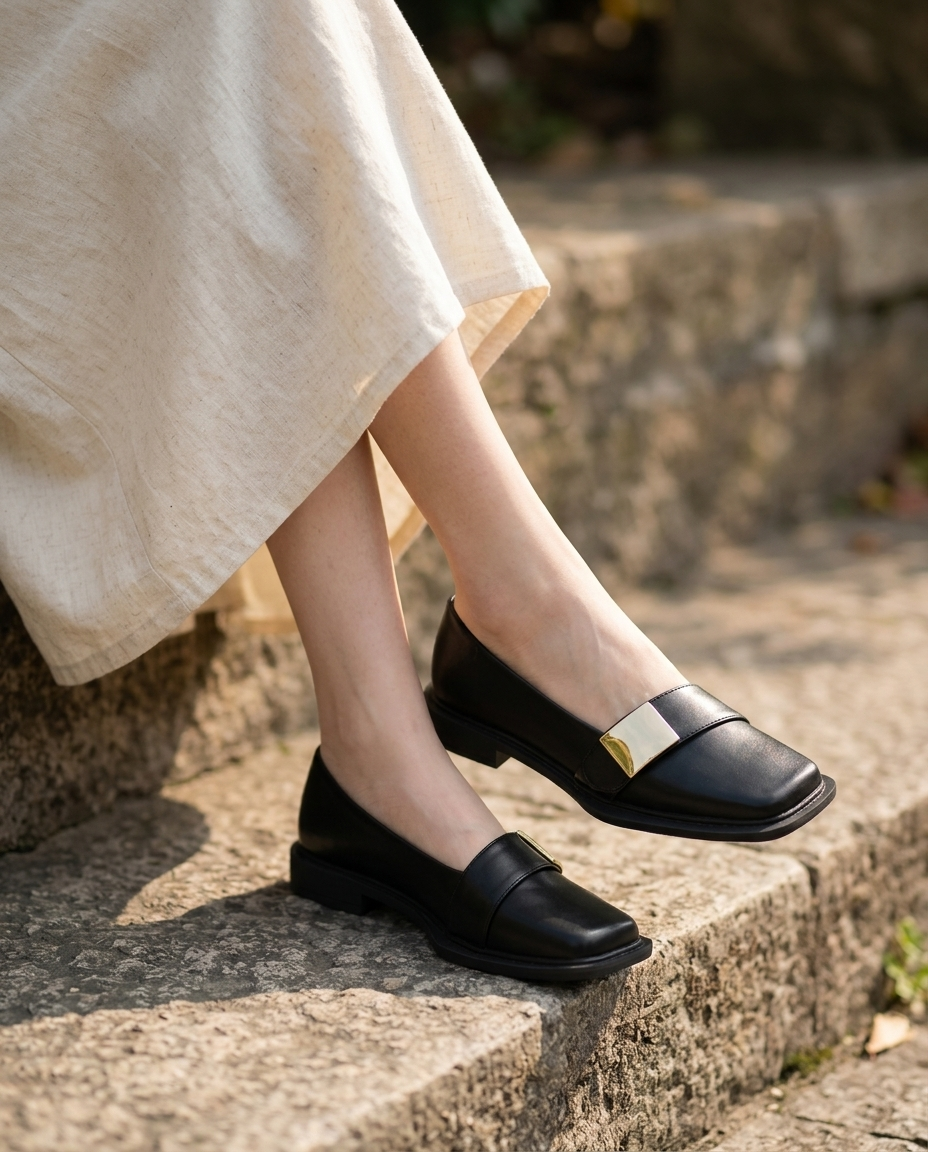 Aurelia Gold-Buckle Leather Loafer
