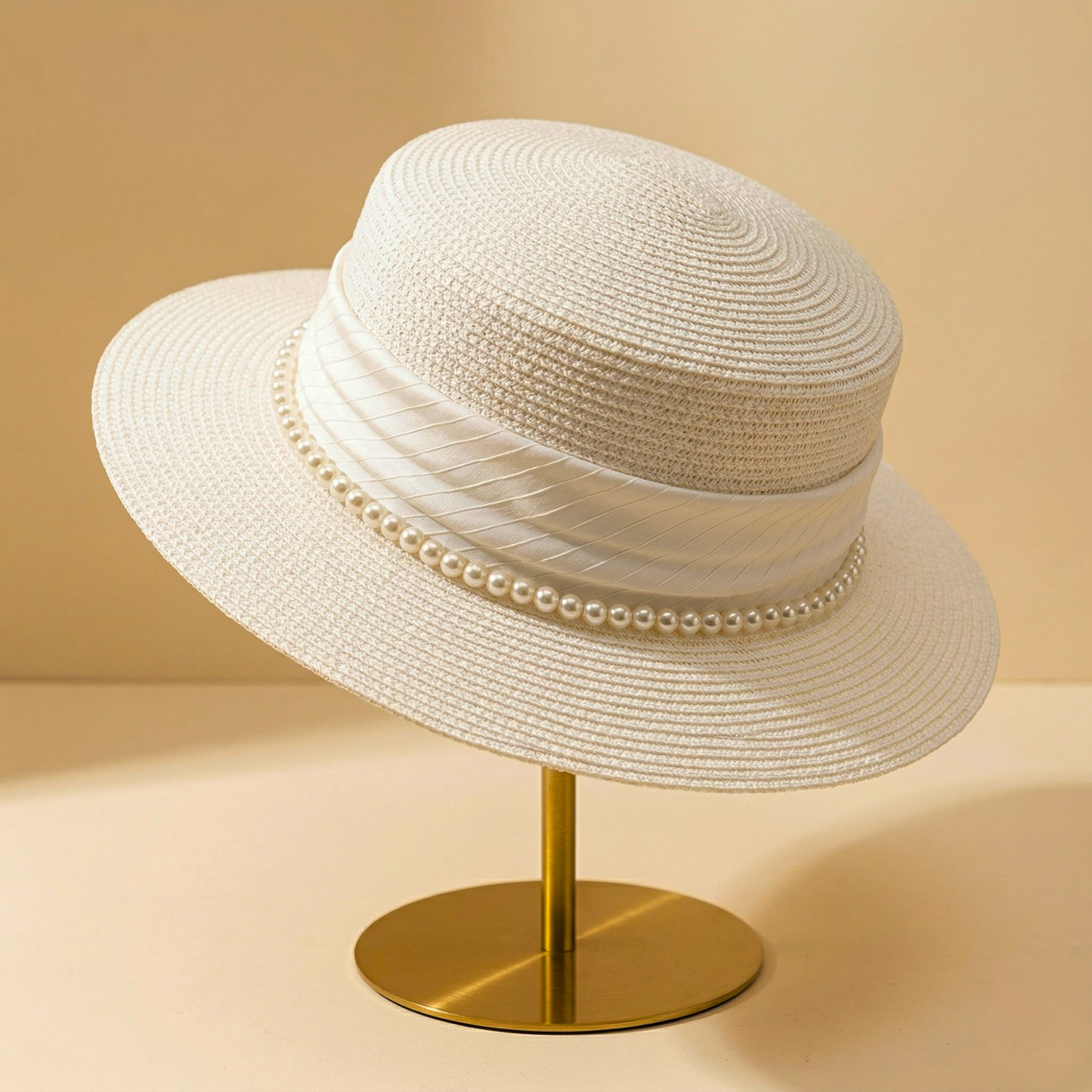 Pearl-Band Woven Boater Hat