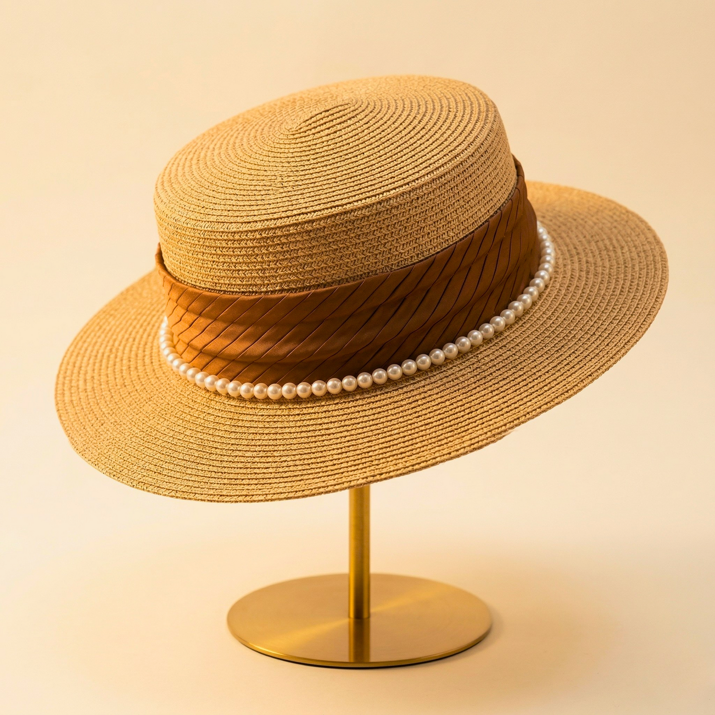 Pearl-Band Woven Boater Hat