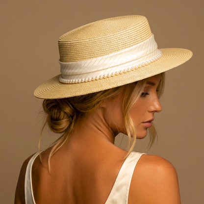 Pearl-Band Woven Boater Hat