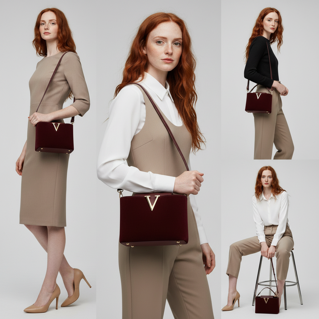 V-Emblem Structured Leather Satchel
