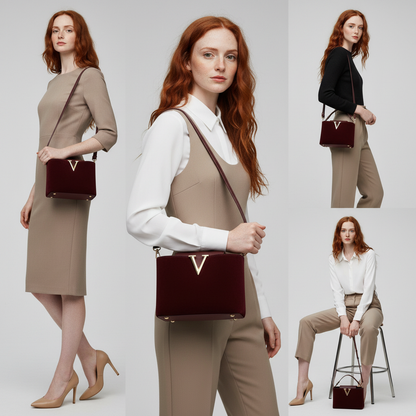 V-Emblem Structured Leather Satchel