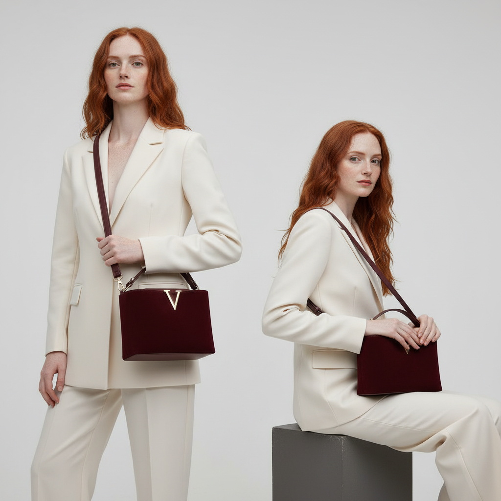 V-Emblem Structured Leather Satchel