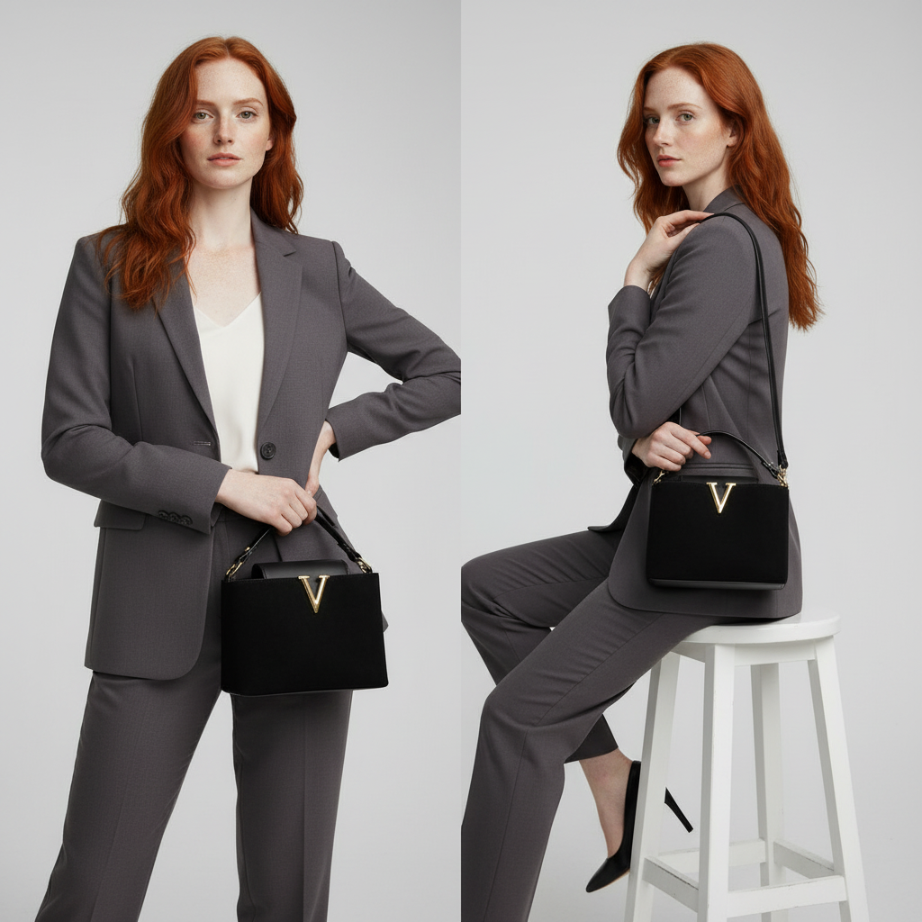 V-Emblem Structured Leather Satchel