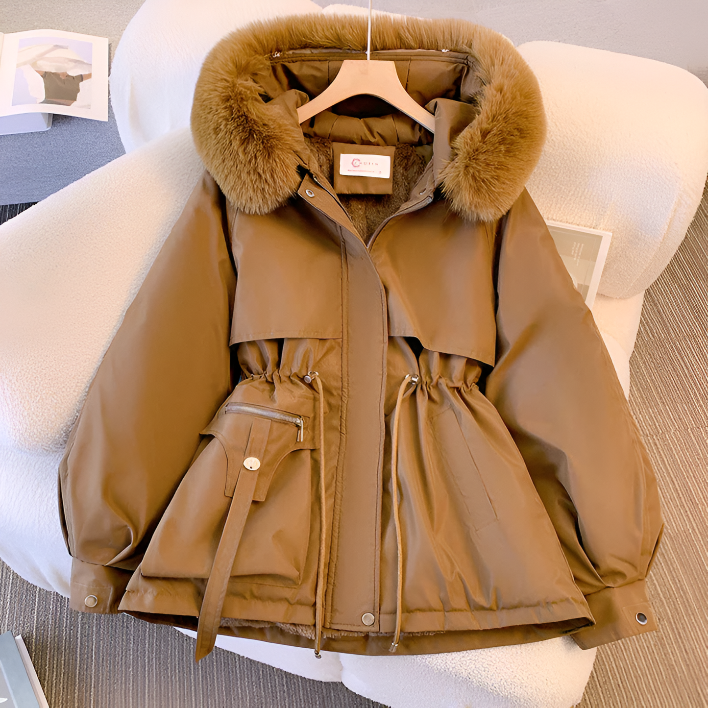 Belted Parka with Detachable Fox Fur Hood