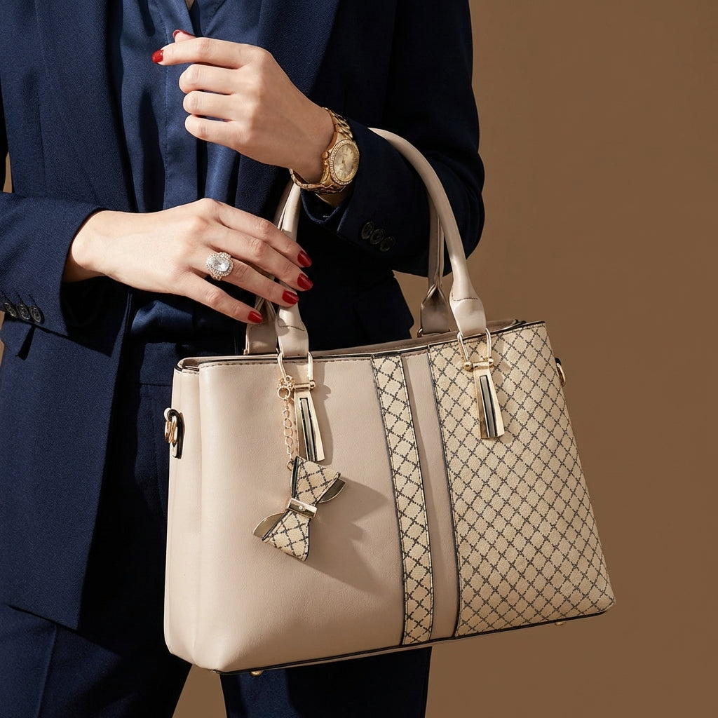 Dual-Texture Bow-Accent Handbag