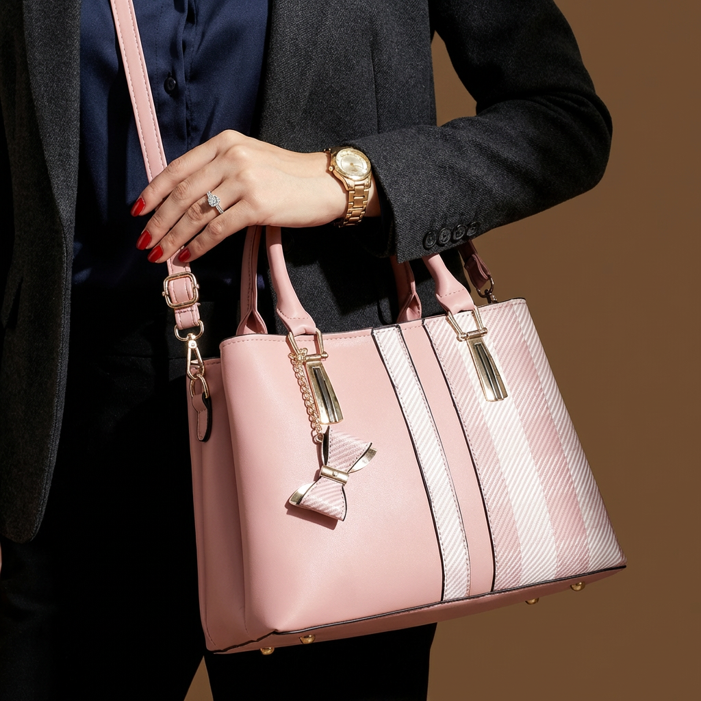 Dual-Texture Bow-Accent Handbag