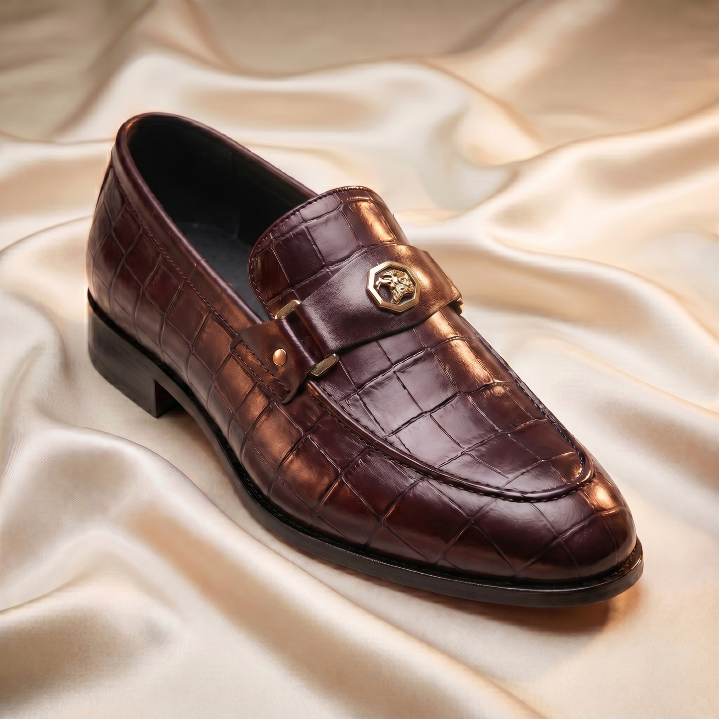 Marron Crocodile-Embossed Bit Loafers
