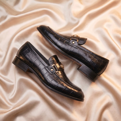 Marron Crocodile-Embossed Bit Loafers