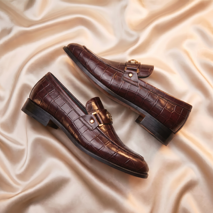 Marron Crocodile-Embossed Bit Loafers