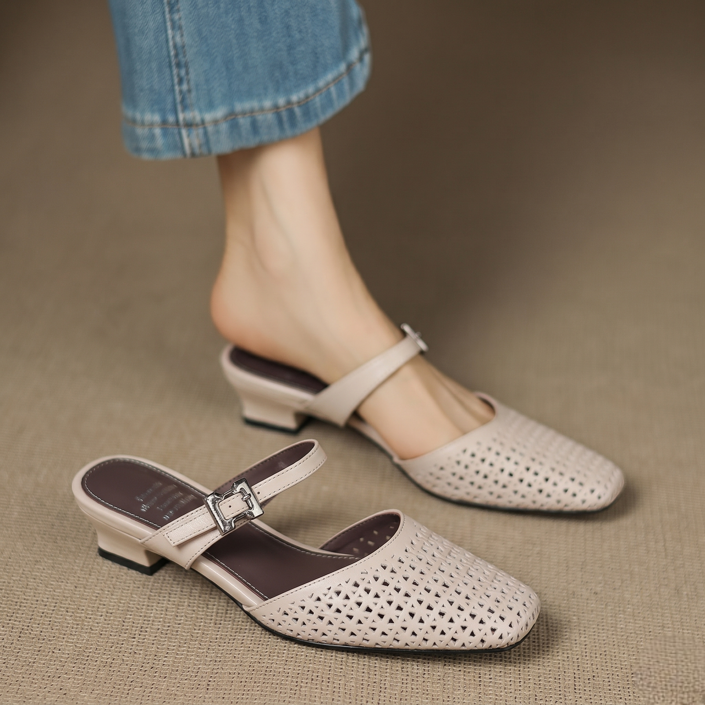 Alabaster Genuine Leather Woven-Vamp Slingback