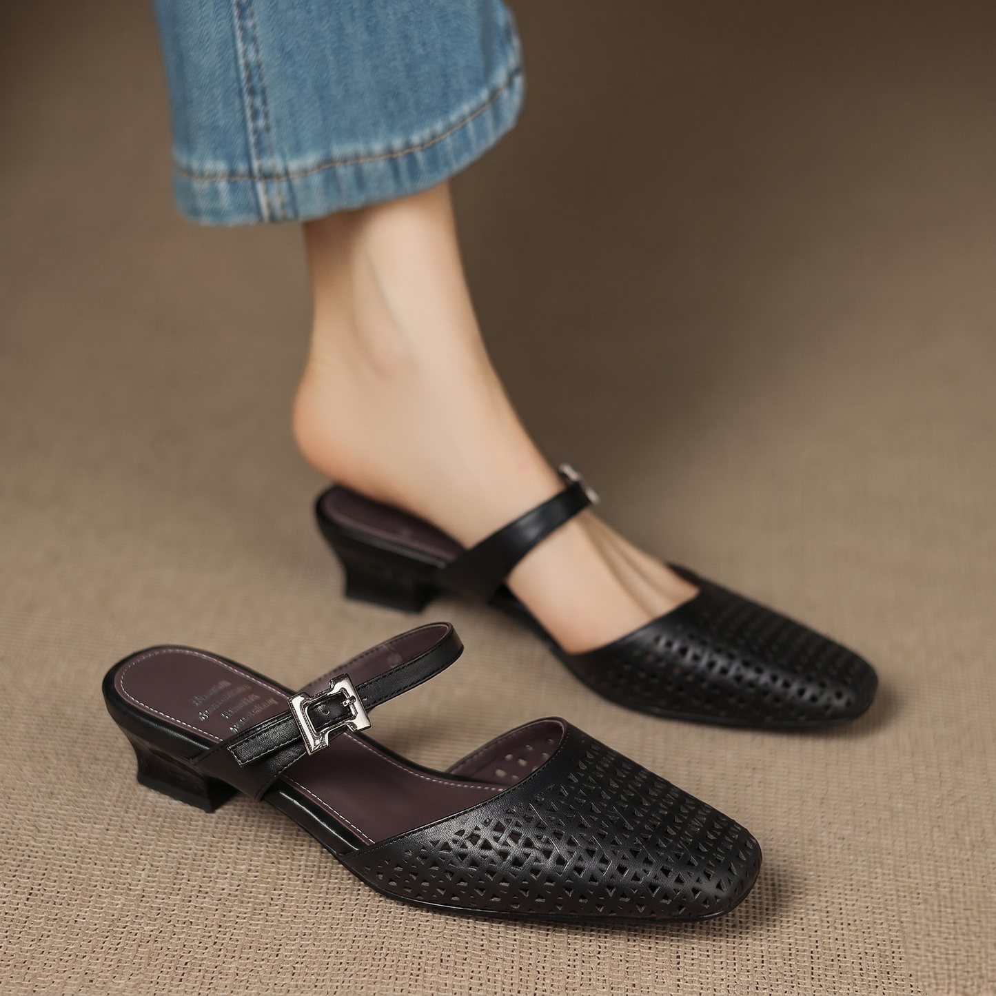 Alabaster Genuine Leather Woven-Vamp Slingback
