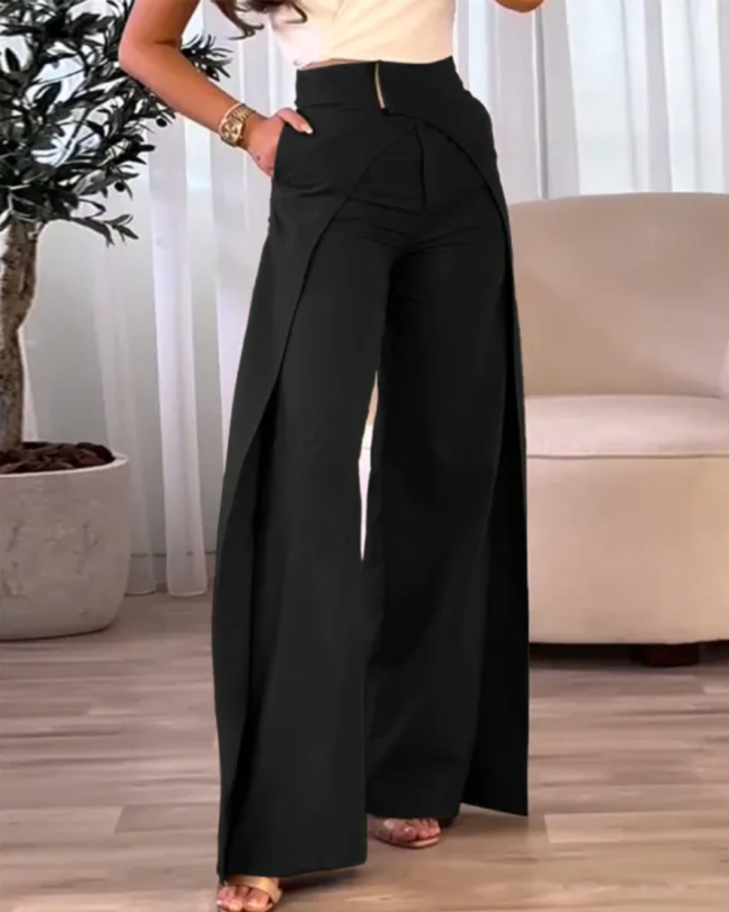 Plissé High-Waist Palazzo Trousers