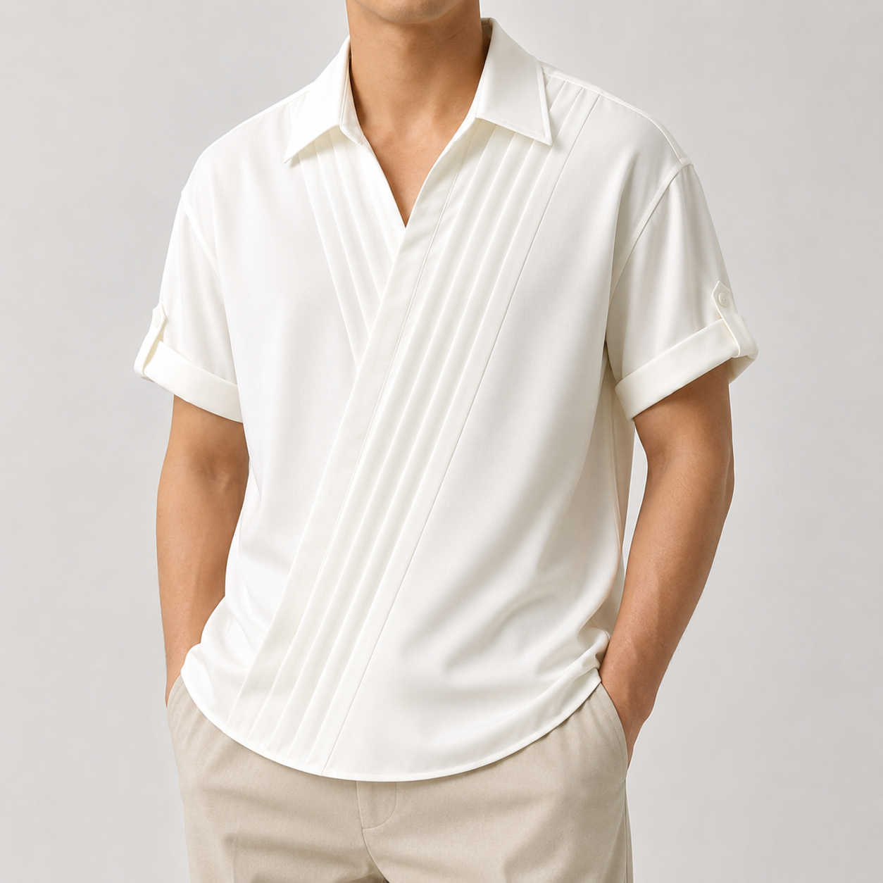Diagonal Pleat Open-Collar Shirt