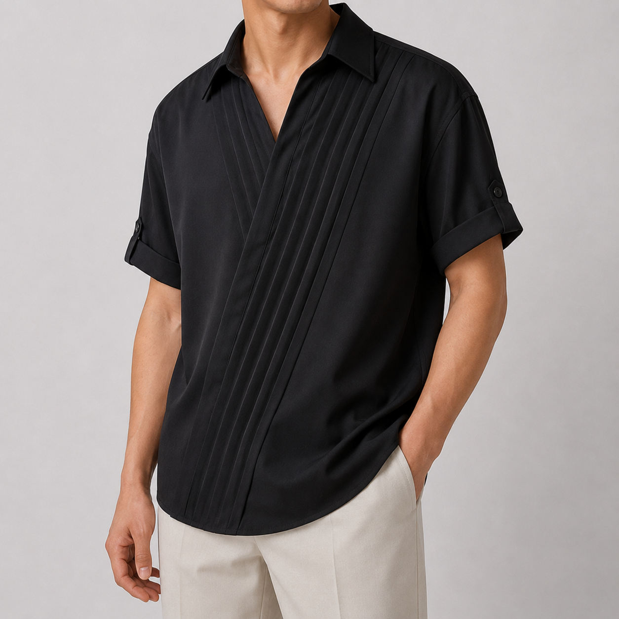 Diagonal Pleat Open-Collar Shirt