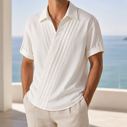 Diagonal Pleat Open-Collar Shirt